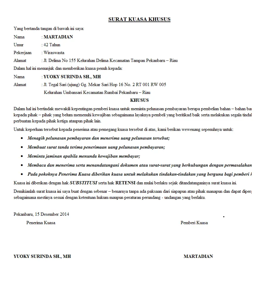 Contoh Surat Kuasa Khusus Penagihan Pelunasan. Sumber: Otoritas Semu