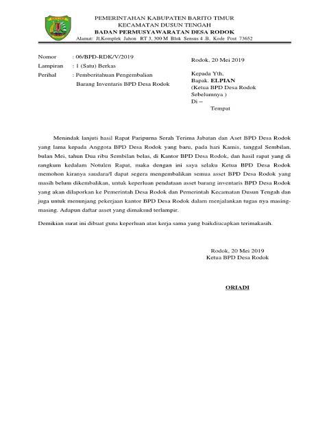 Contoh Surat Pemberitahuan Pengembalian Barang Inventoris