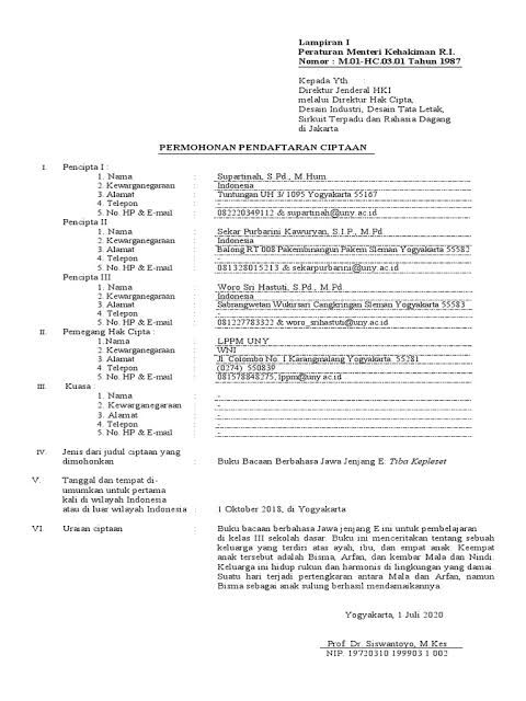 Contoh surat permohonan hak cipta buku bacaan