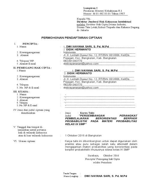 Contoh Surat Permohonan hak Cipta Karya Tulis