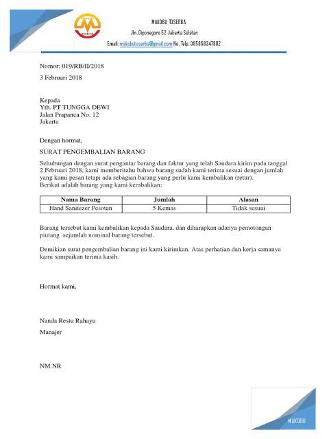Contoh surat pengembalian barang atas ketidaksesuaian barang