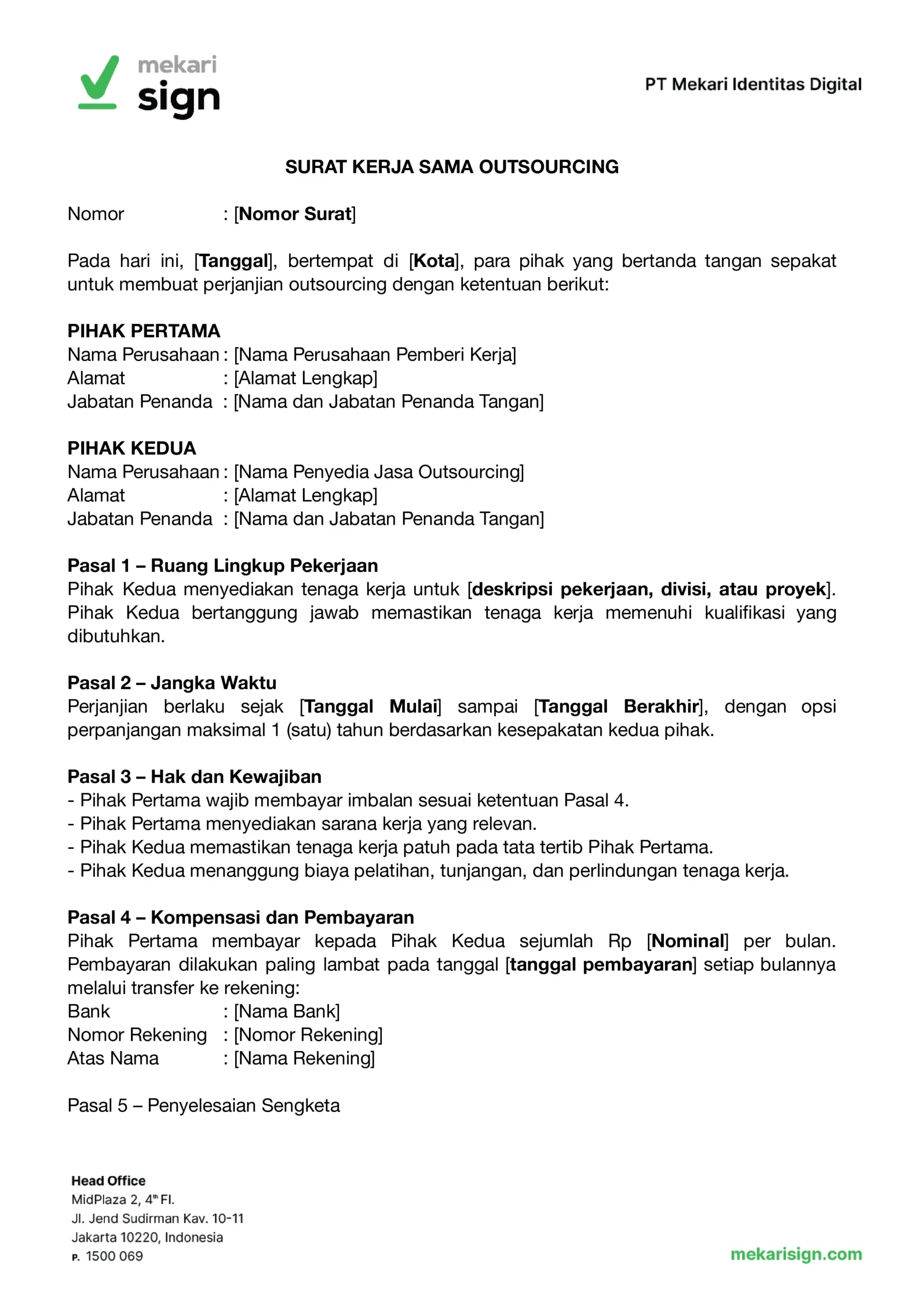 Template Surat Kerjasama Outsourcing