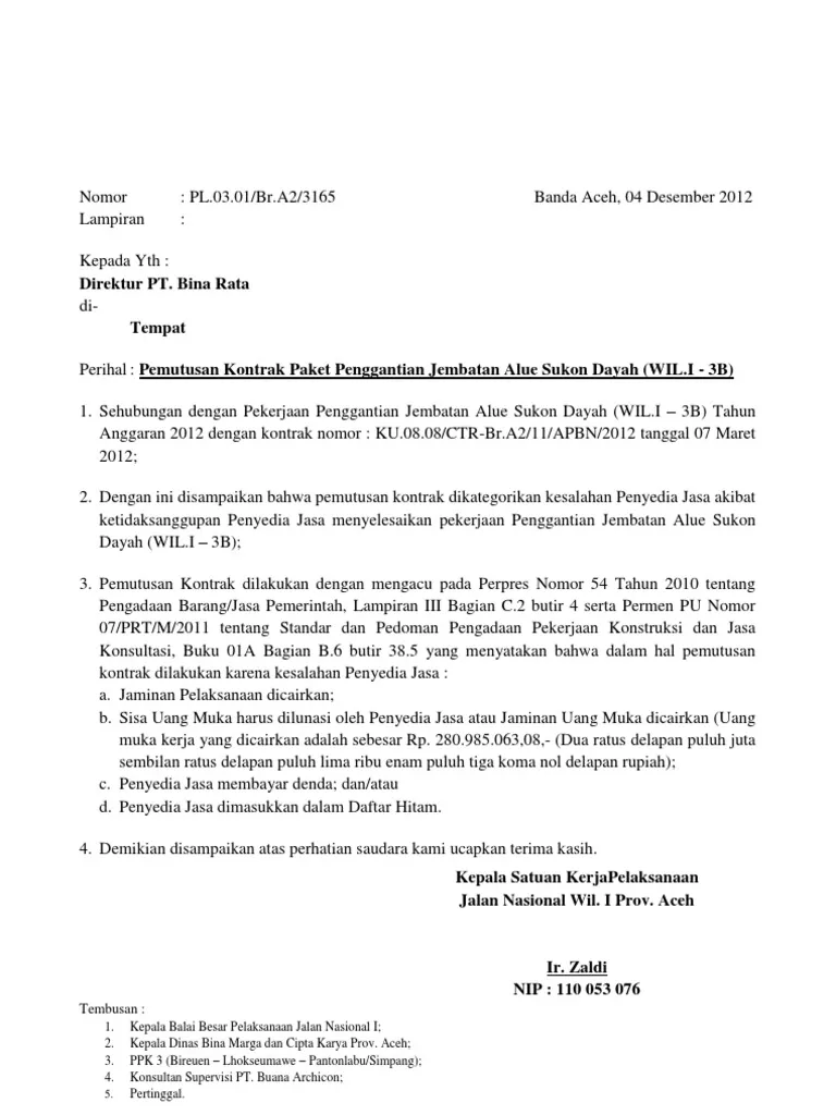 Contoh surat pemutusan kerjasama vendor jembatan