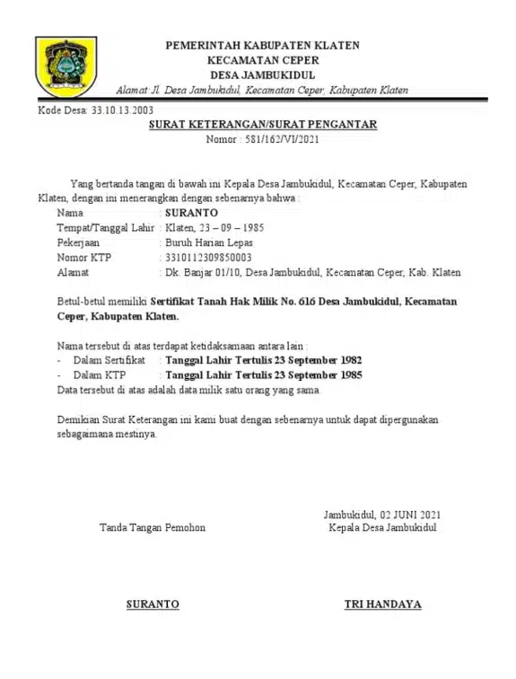 contoh surat keterangan beda nama ktp dan sertifikat