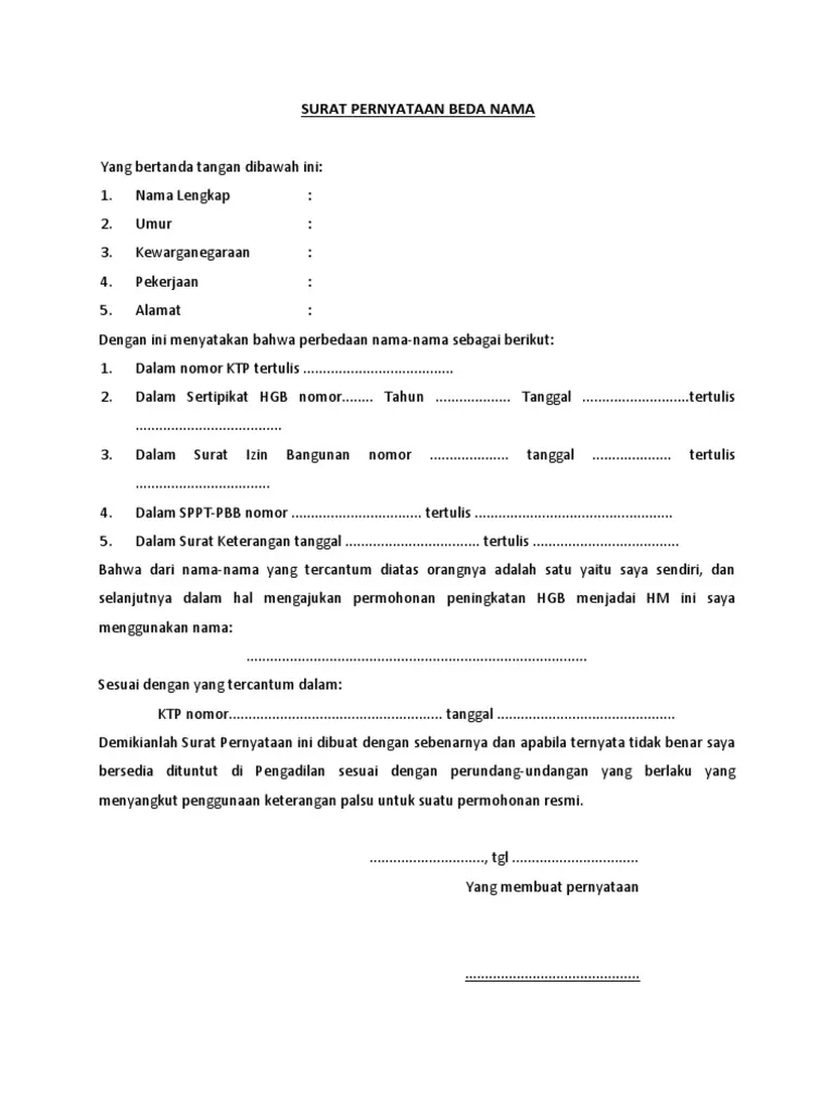 surat keterangan beda nama