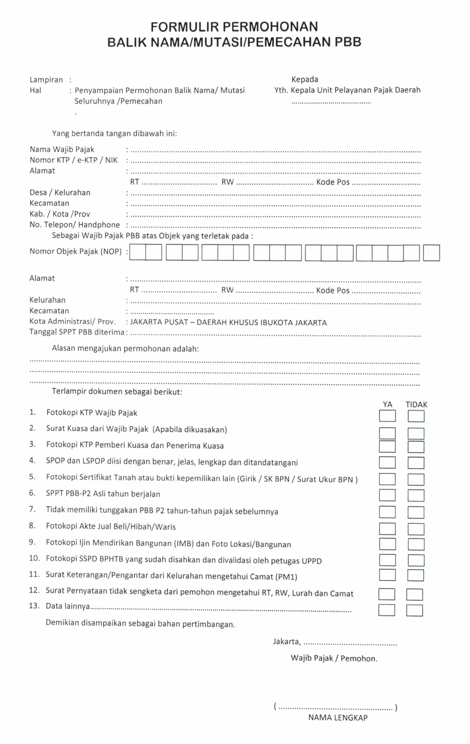 formulir permohonan balik nama pbb