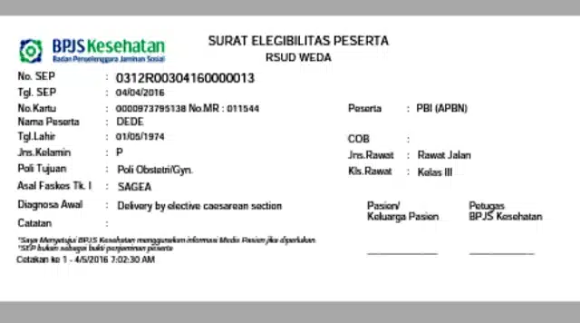 Contoh SEP BPJS Kelas 3 Poli Obgyn