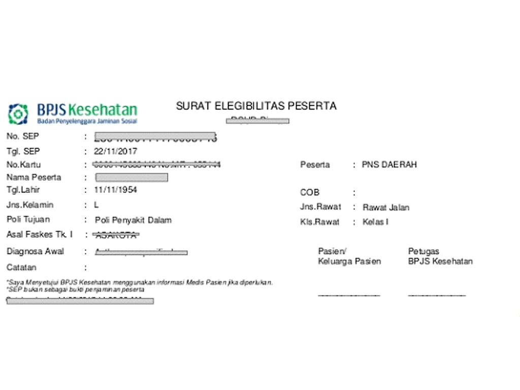 Contoh Surat Eligibilitas Peserta BPJS Kelas 1 Poli Penyakit Dalam