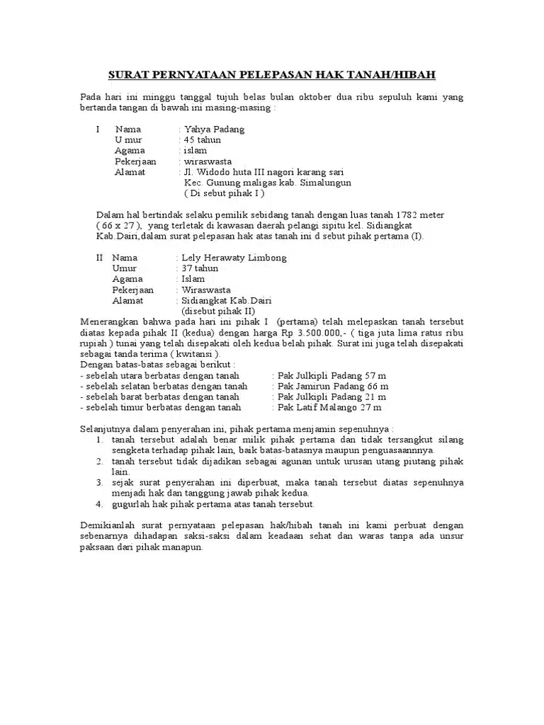 contoh surat pelepasan hak tanah untuk penjualan