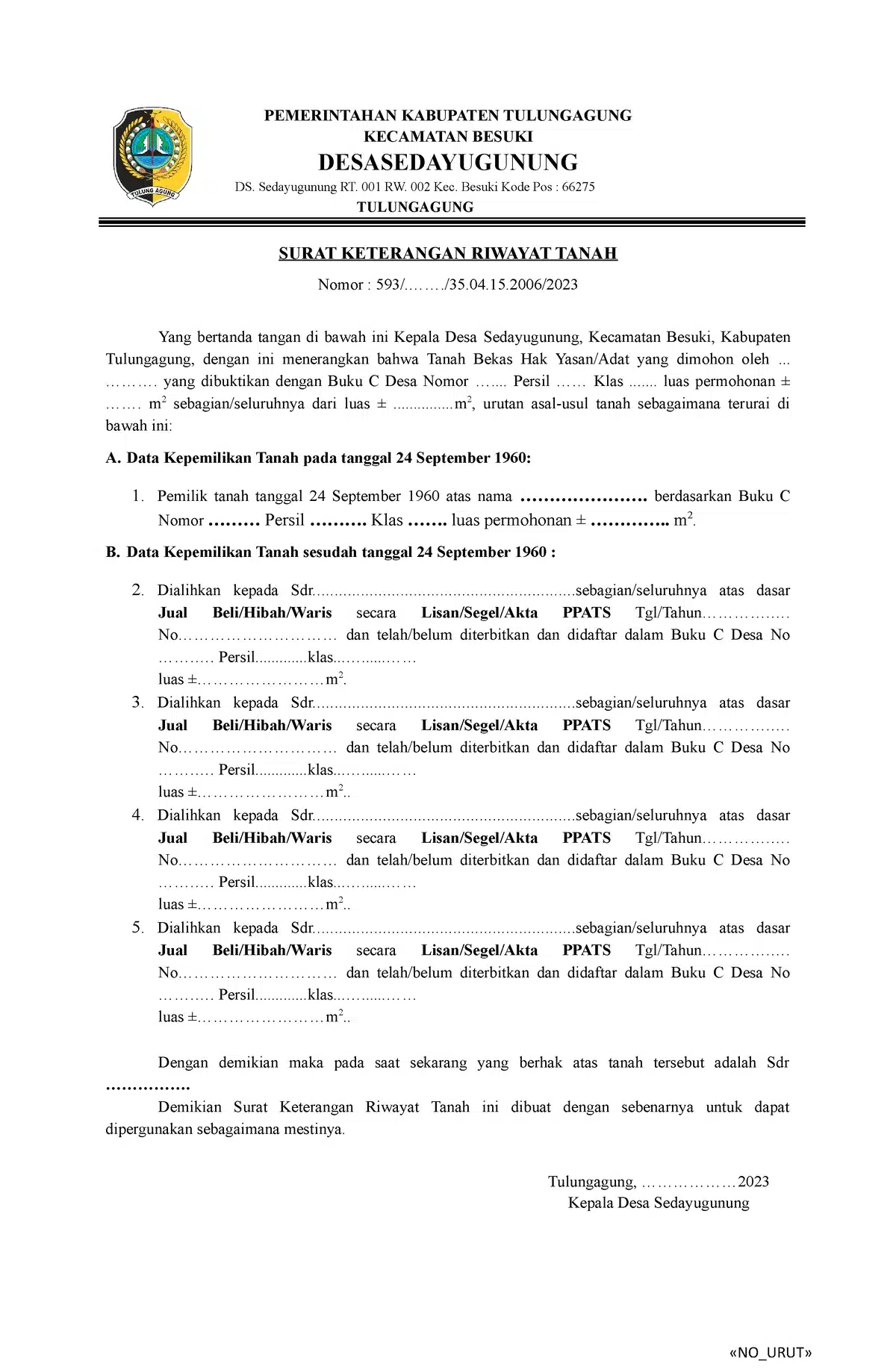 Contoh Surat Keterangan Riwayat Tanah dari Desa