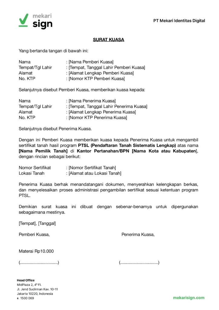 Contoh Surat Kuasa Pengambilan Sertifikat Tanah PTSL - Mekari Sign