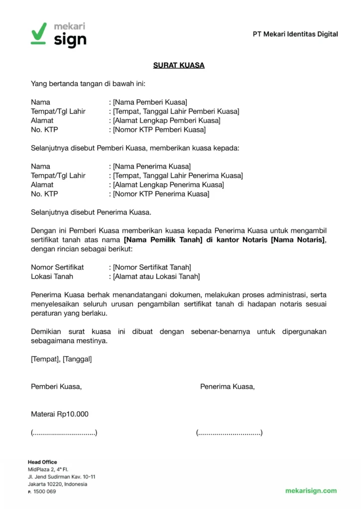 Contoh Surat Kuasa Pengambilan Sertifikat Tanah di Notaris - Mekari Sign