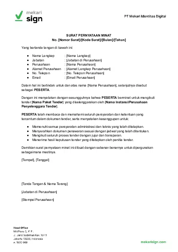 Detail Template Contoh Surat Pernyataan Minat Mengikuti Tender - Mekari Sign