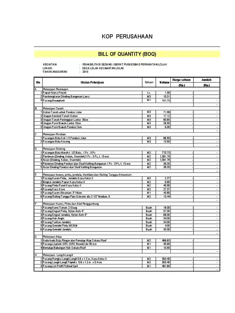 contoh BOQ puskesmas