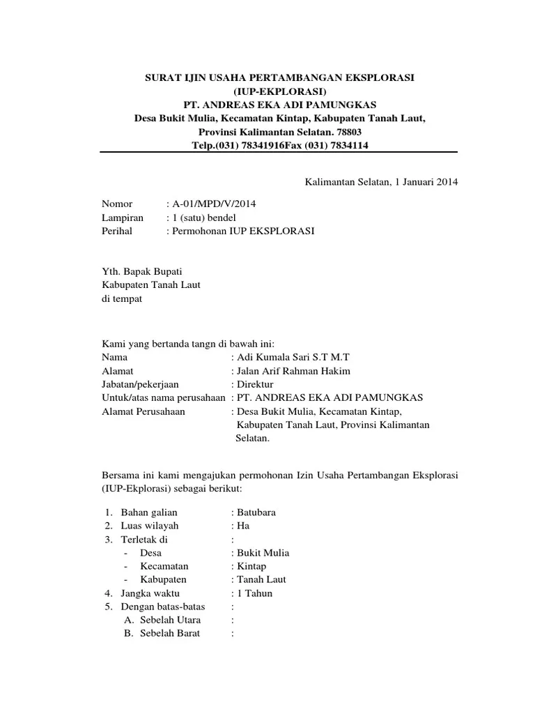 contoh surat izin usaha pertambangan eksplorasi