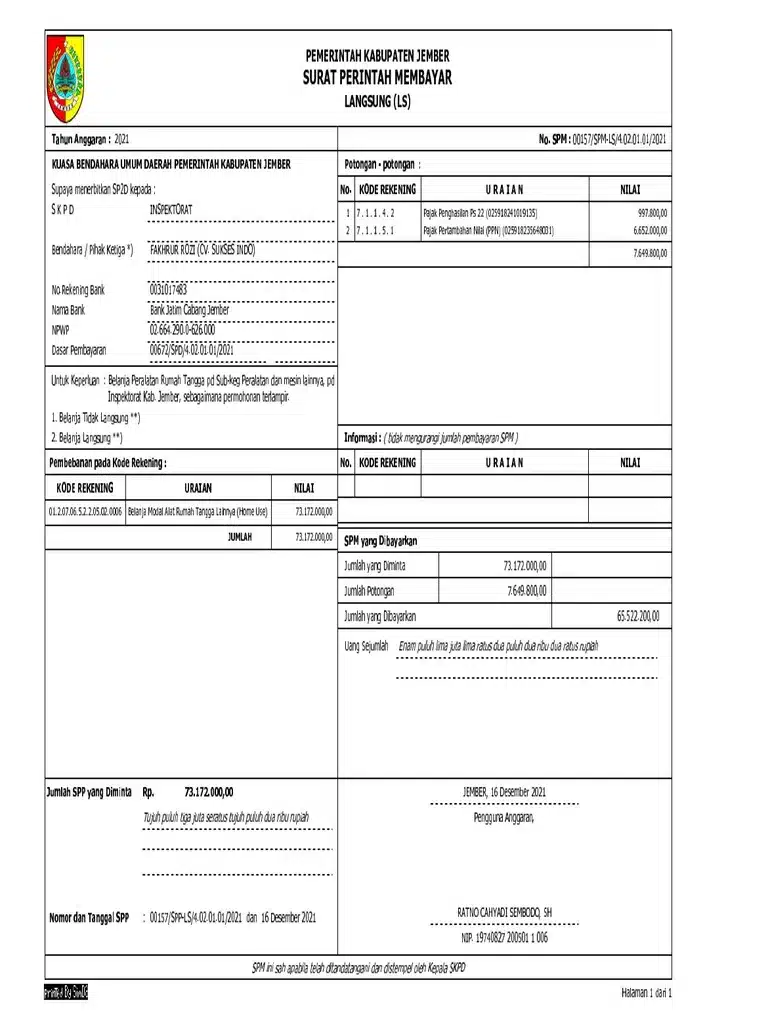 contoh surat perintah membayar langsung