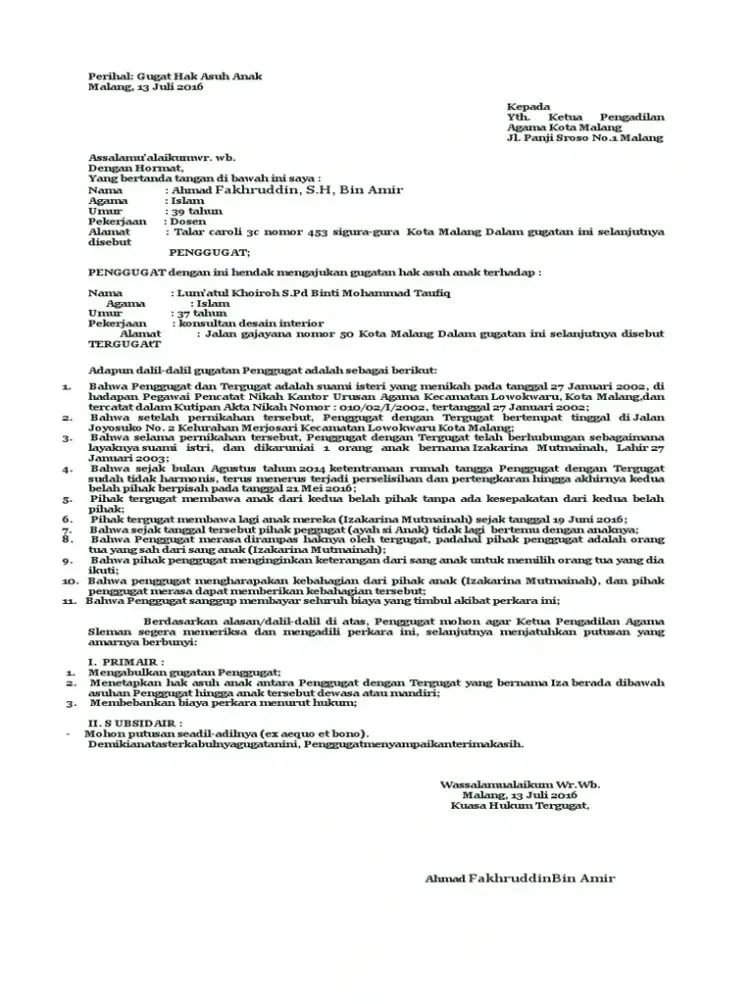 Contoh Surat Gugat Hak Asuh Anak