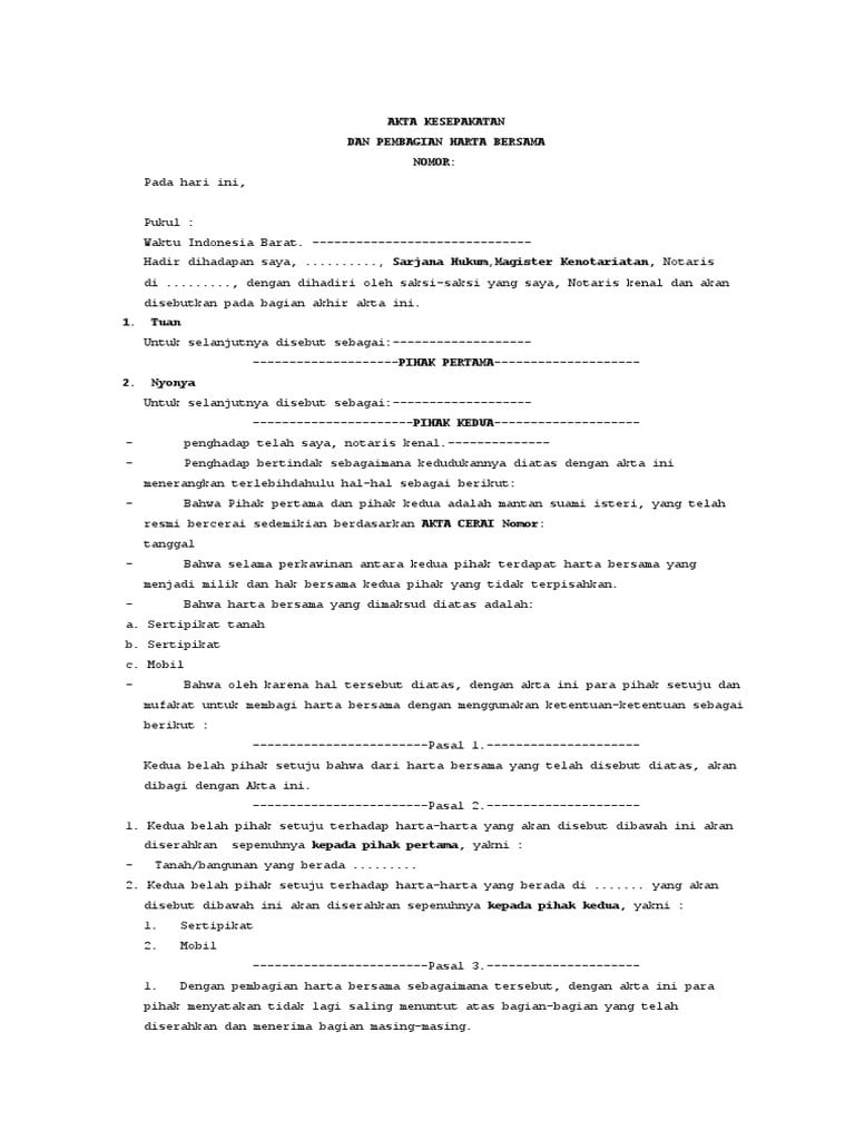 Contoh akta kesepakatan dan pembagian harga bersama
