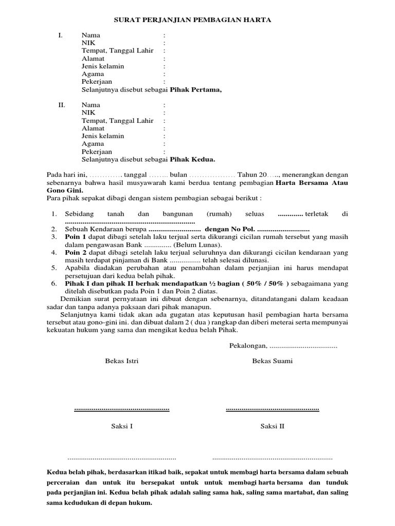 Contoh surat perjanjian pembagian harta
