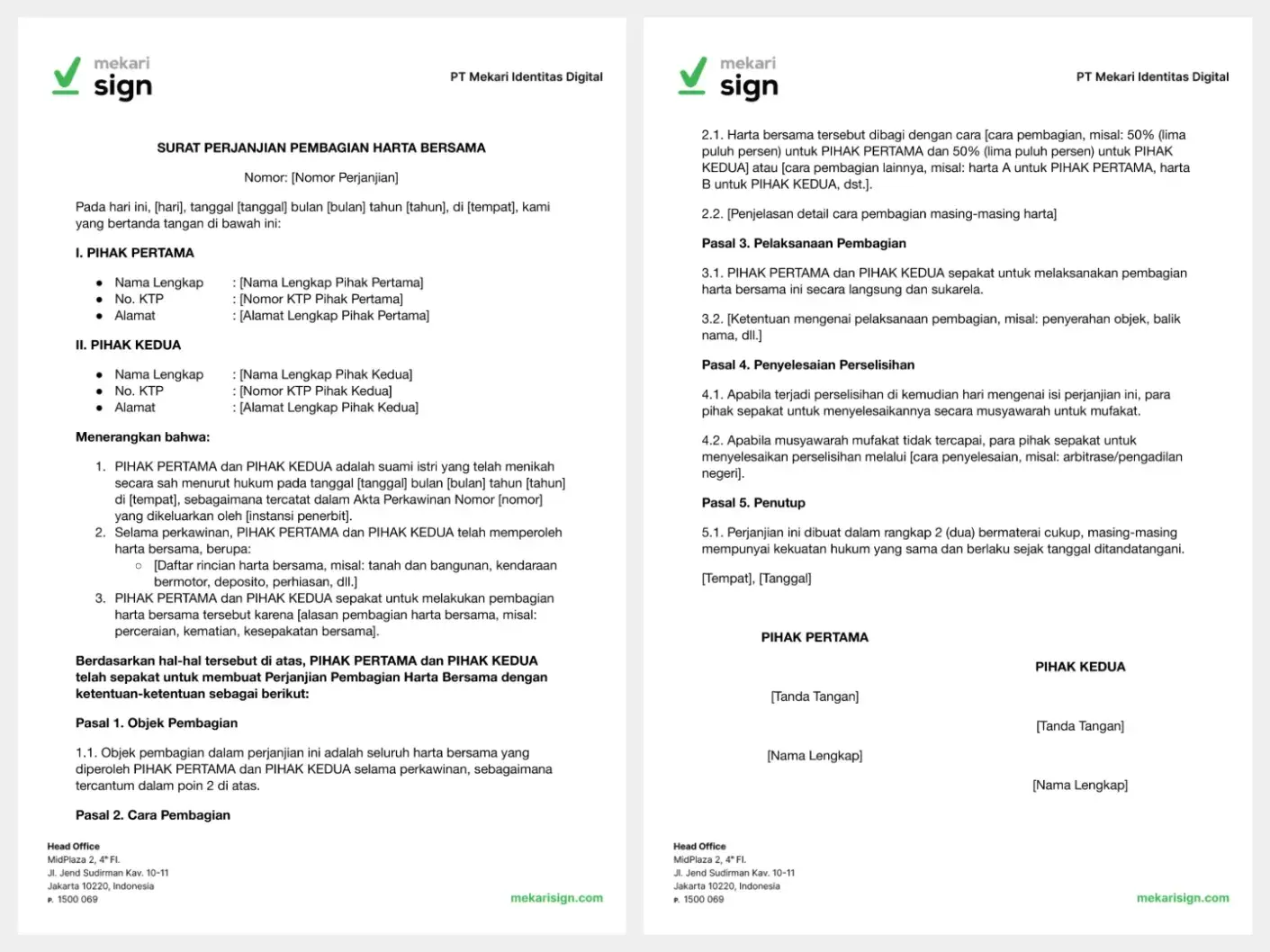 Detail Template Surat Perjanjian Pembagian Harta Bersama - Mekari Sign