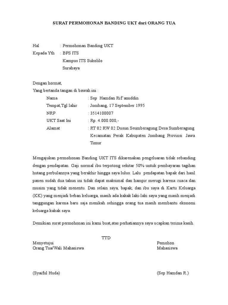 contoh surat banding permohonan UKT