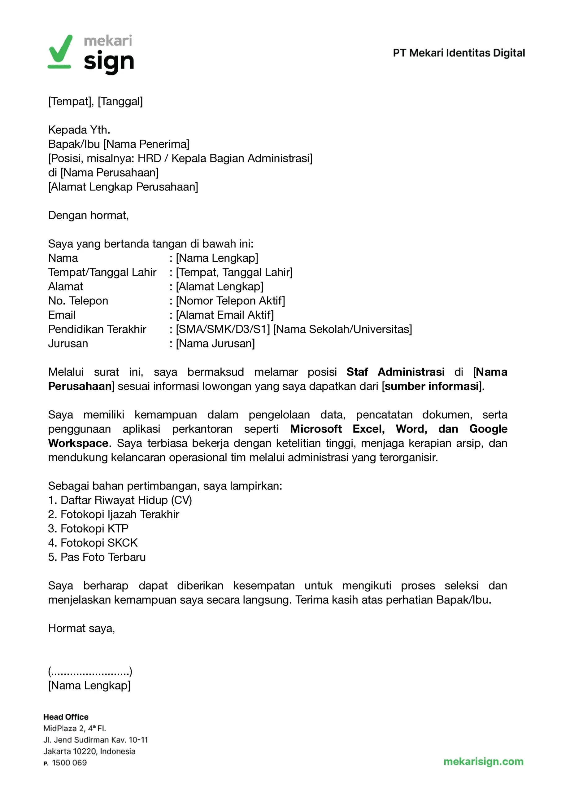 Contoh Surat Lamaran Kerja Admin _ Administrasi - Mekari Sign