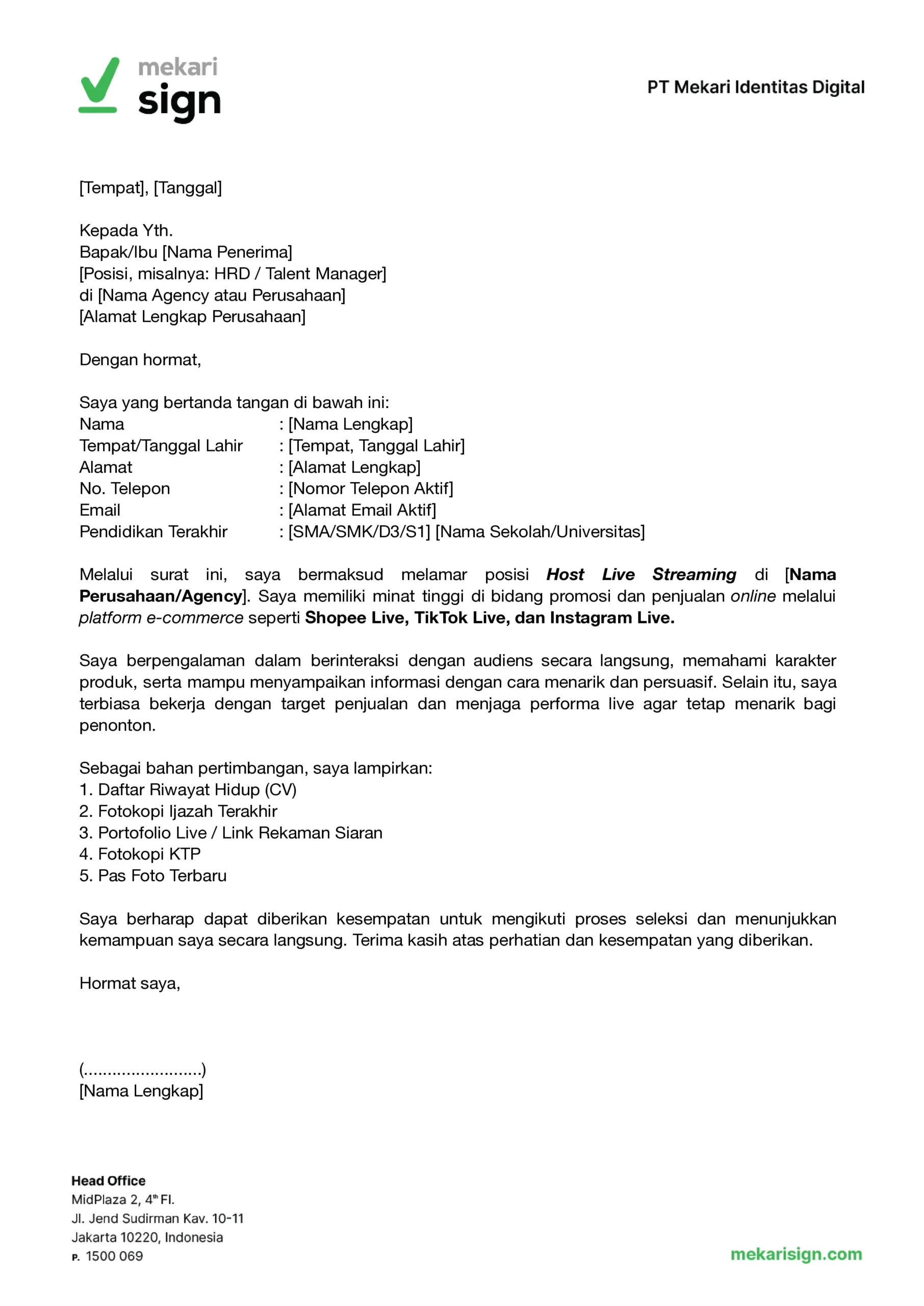 Contoh Surat Lamaran Kerja Host Live - Mekari Sign