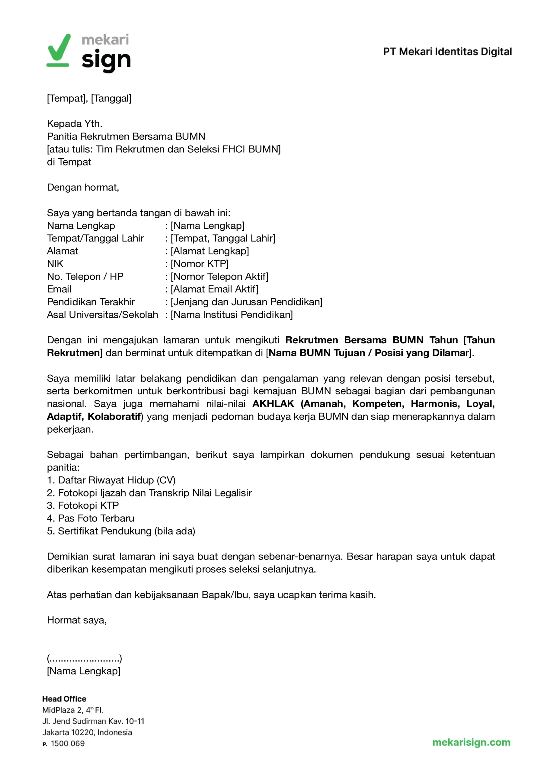 Contoh Surat Lamaran Kerja Rekrutmen Bersama BUMN - Mekari Sign
