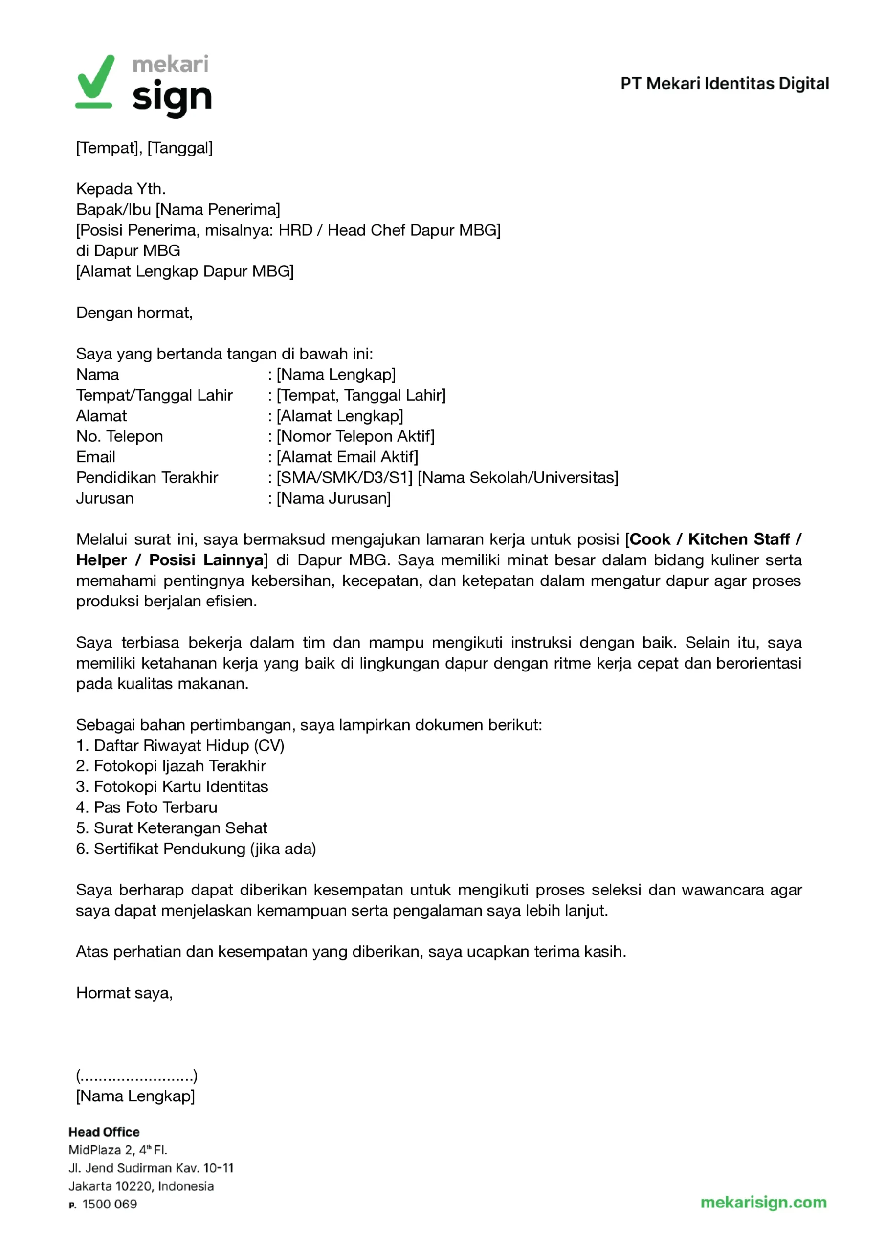 Contoh Surat Lamaran Kerja di Dapur MBG - Mekari Sign