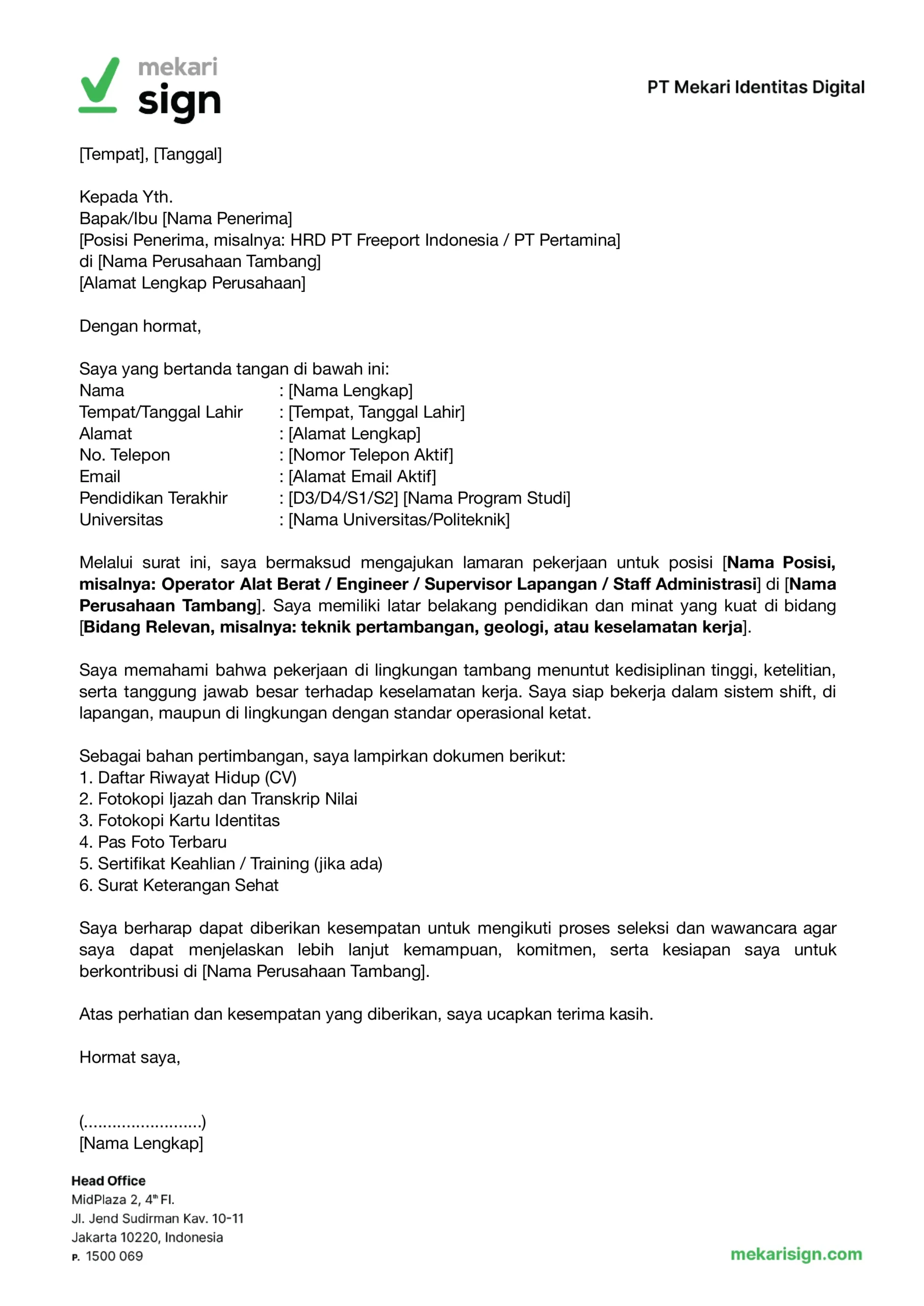 Contoh Surat Lamaran Kerja di Perusahaan Tambang - Mekari Sign