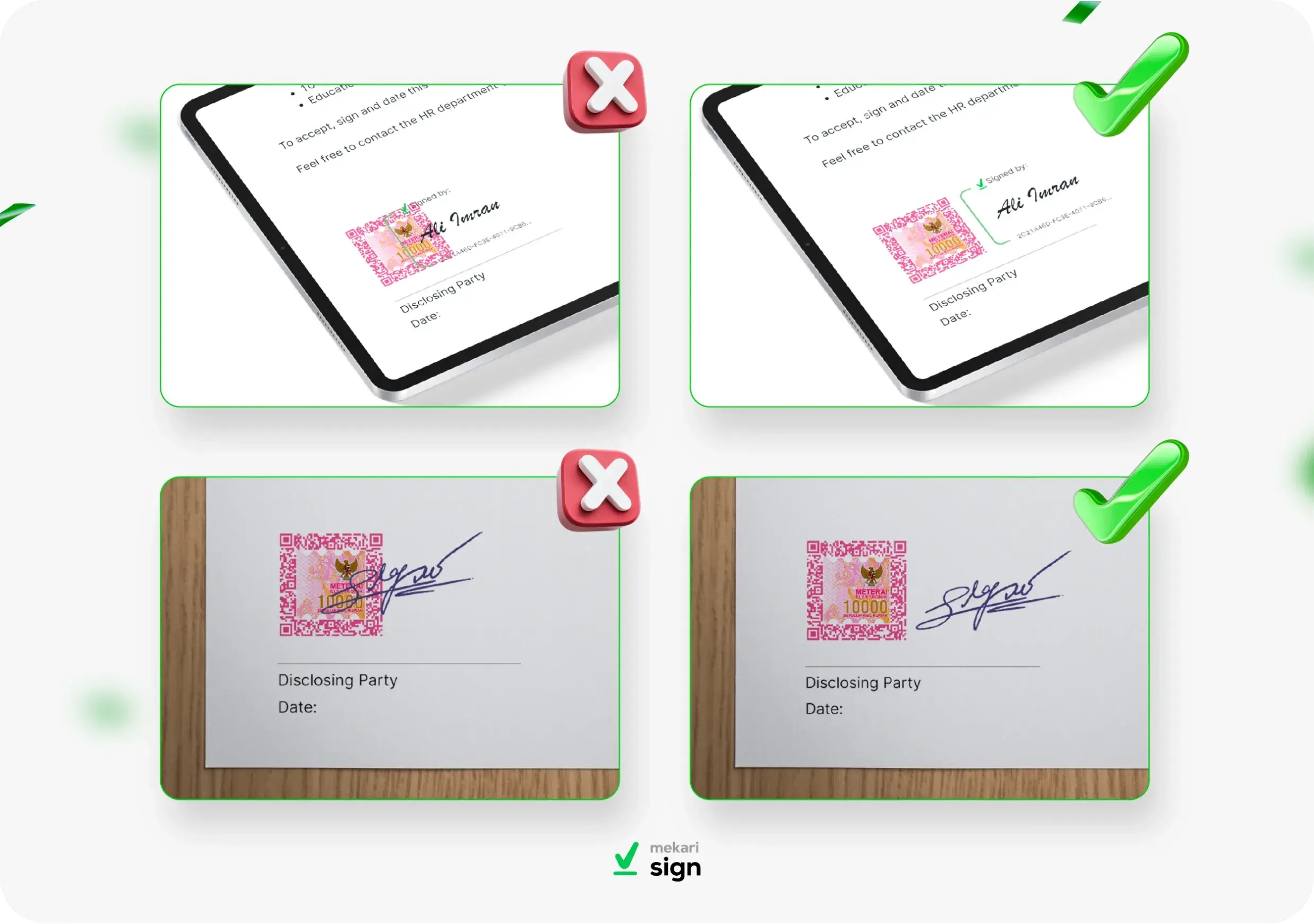 Infografis Pembubuhan e-Meterai dengan Tanda Tangan Digital dan Tanda Tangan Basah yang Benar serta Salah