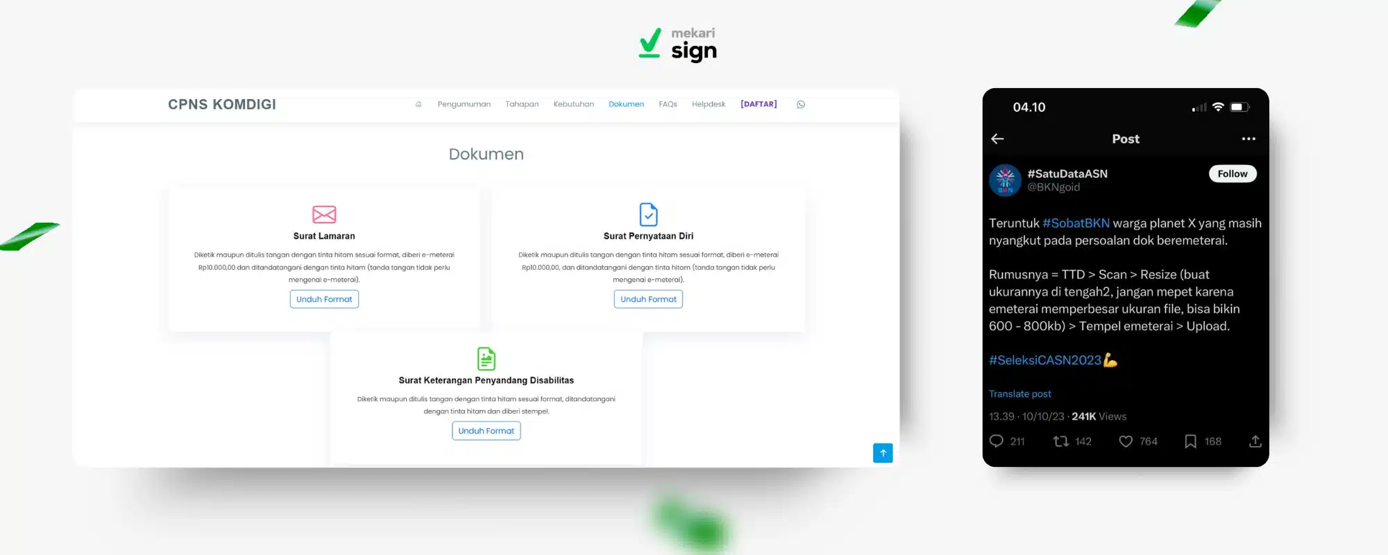 Informasi tentang e-Meterai bisa dibubuhi dengan tanda tangan basah pada CPNS 2024
