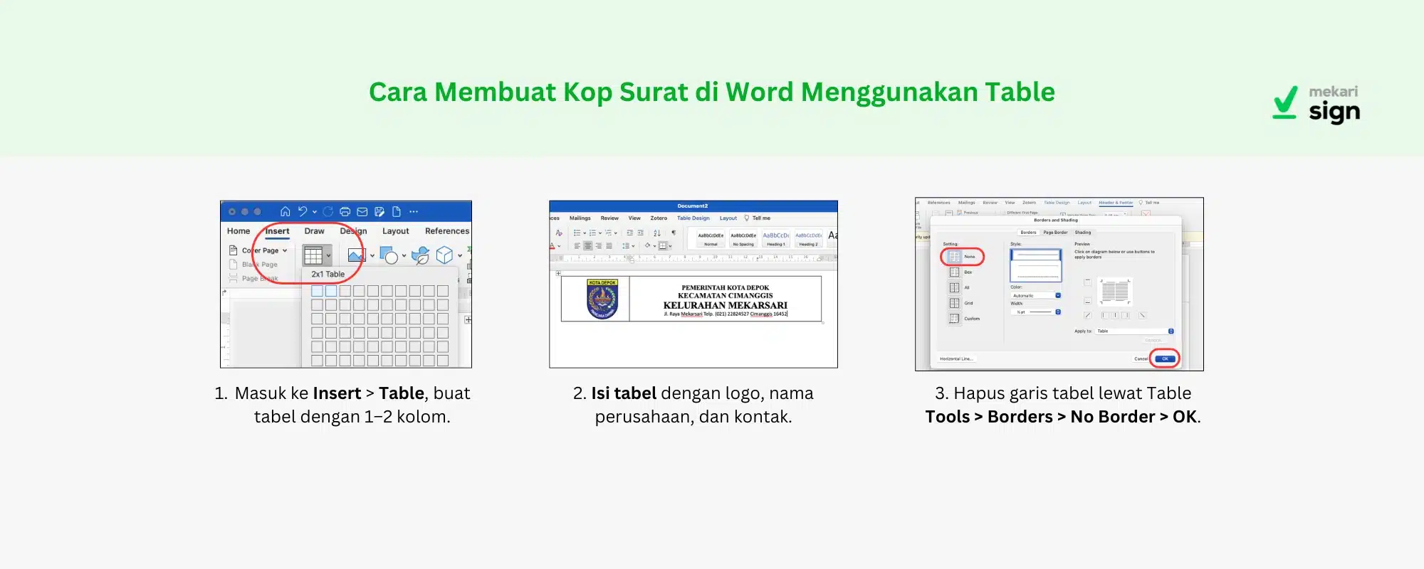 Kop Surat dengan Table