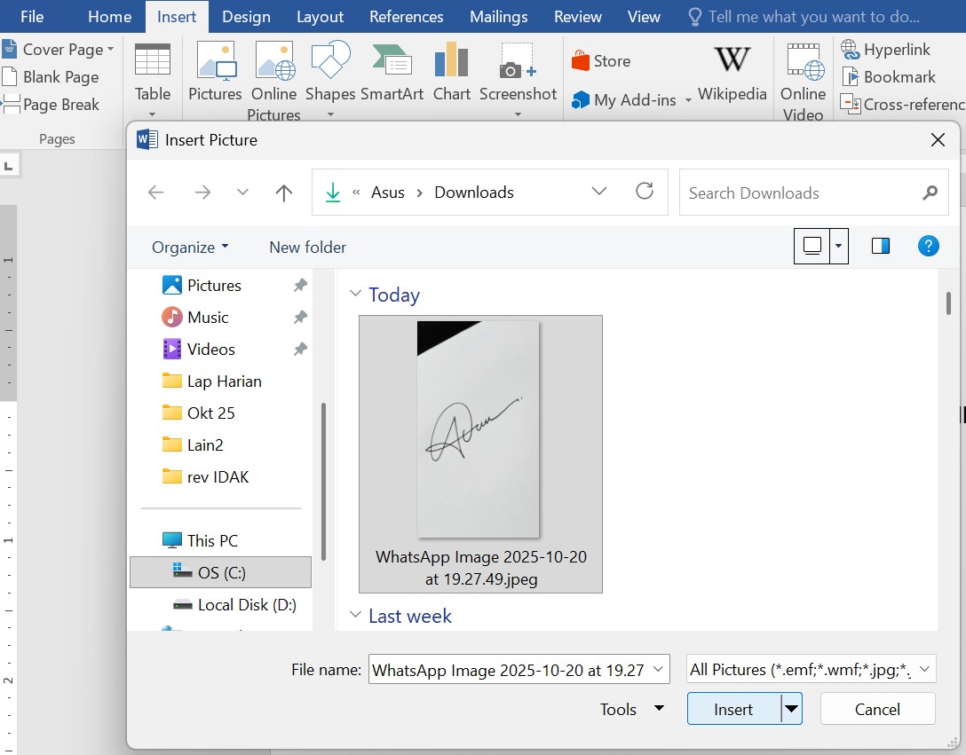 klik this device, cari foto tanda tangan di file Anda lalu klik insert