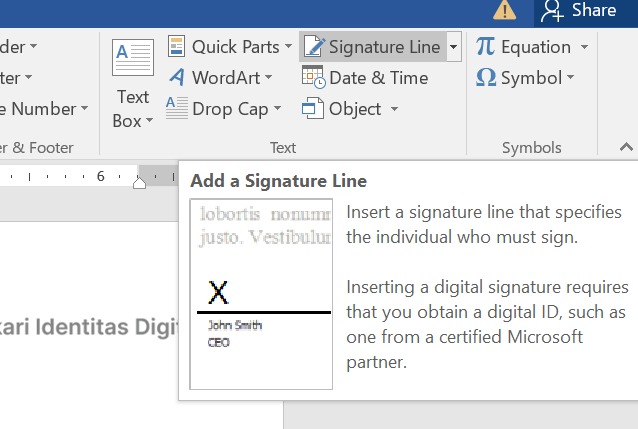 klik signature line pada grup text untuk membuat tanda tangan di word