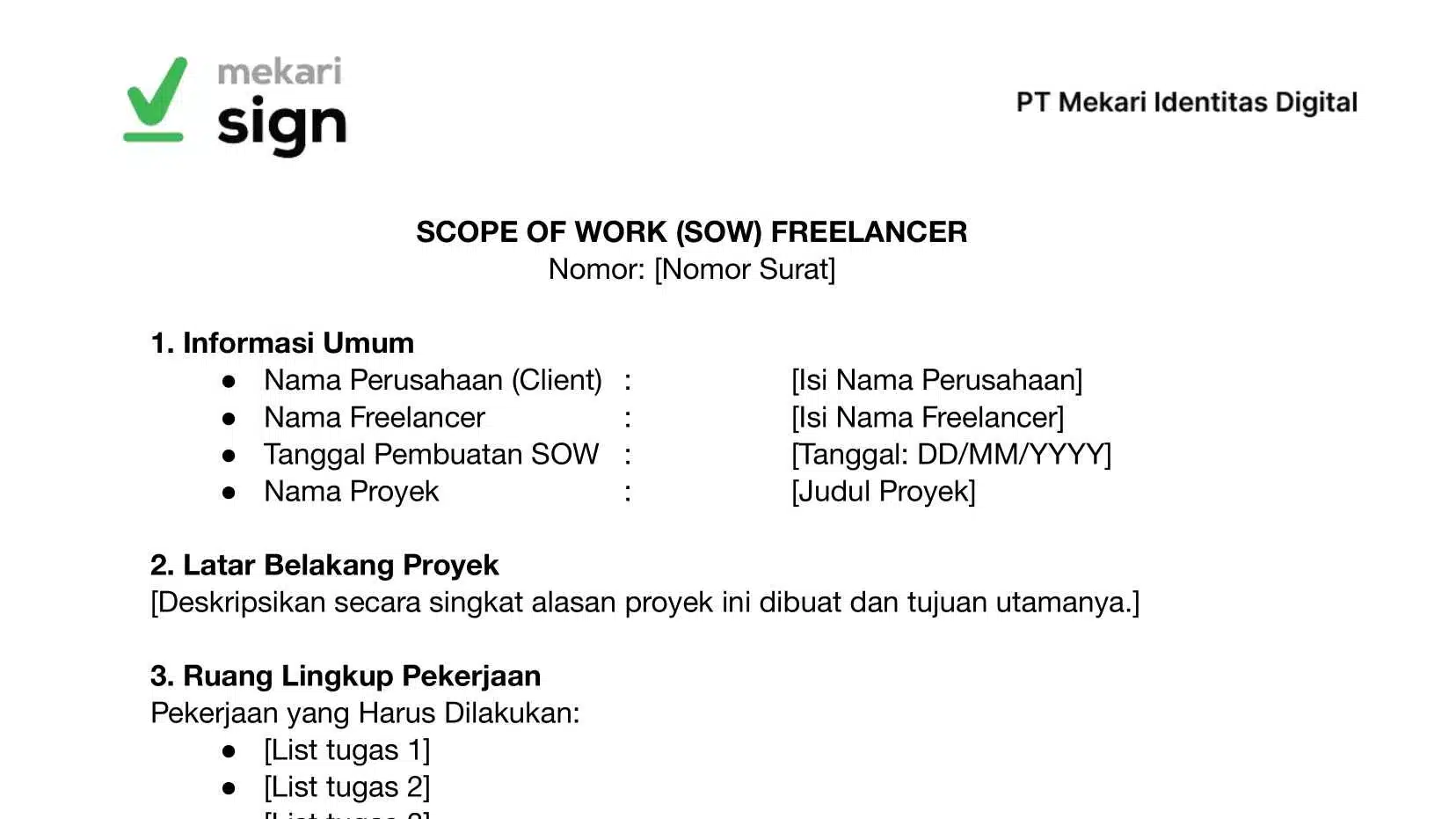 Template Scope of Work Freelance - Mekari Sign