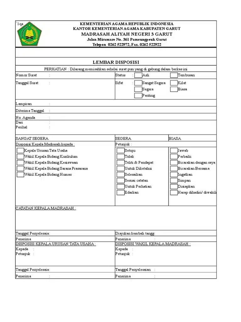 Gambar lembar disposisi Madrasah Aliyah Negeri 3 Garut dari Kementerian Agama, menampilkan struktur lengkap termasuk identitas surat, urgensi, bagian yang dituju, serta kolom catatan tindak lanjut dan pengesahan.