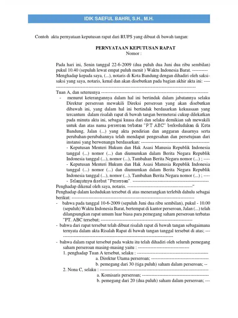 Contoh bentuk Akta Pernyataan Keputusan Rapat