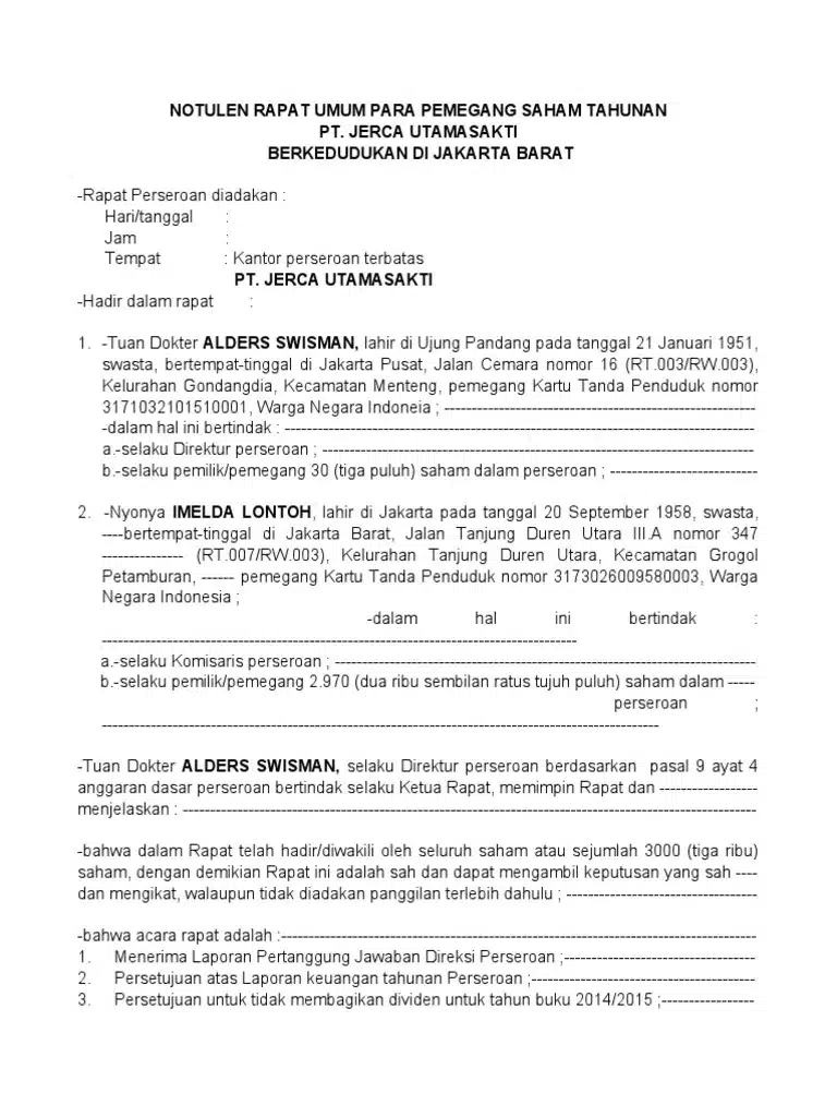 Contoh surat Akta RUPS Tahunan dengan detail