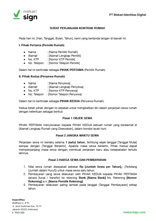 contoh template surat perjanjian sewa atau kontrak rumah tahunan dari mekari sign