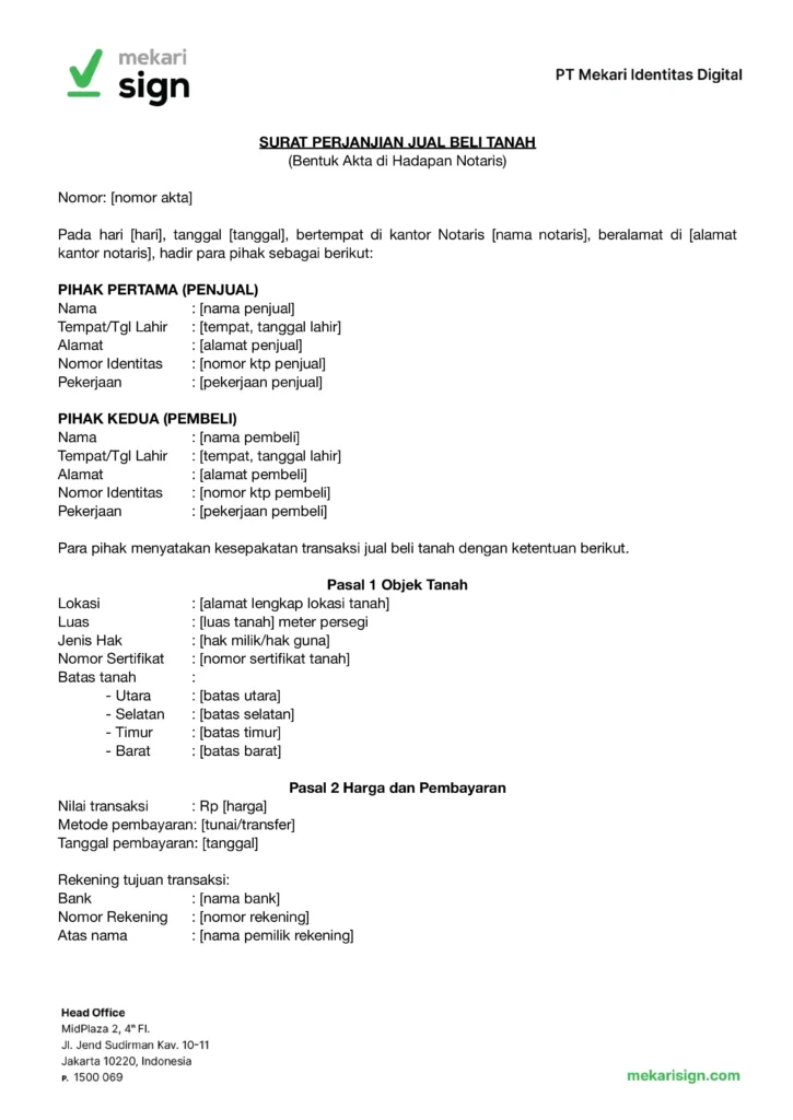 Contoh surat jual beli tanah notaris - Mekari Sign