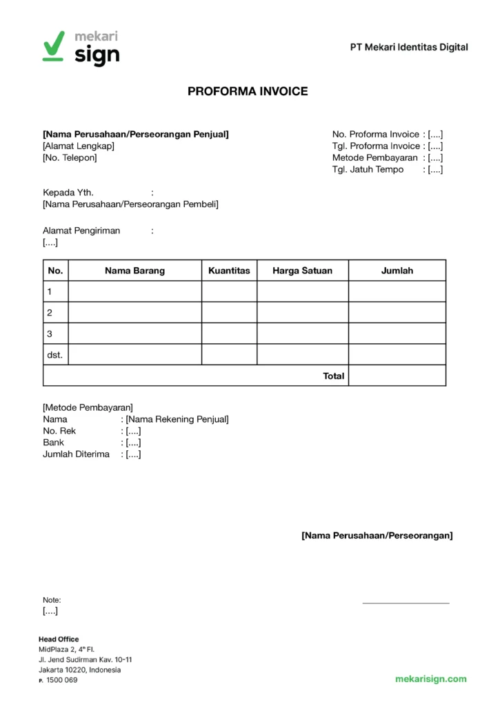Template Proforma Invoice - Mekari Sign