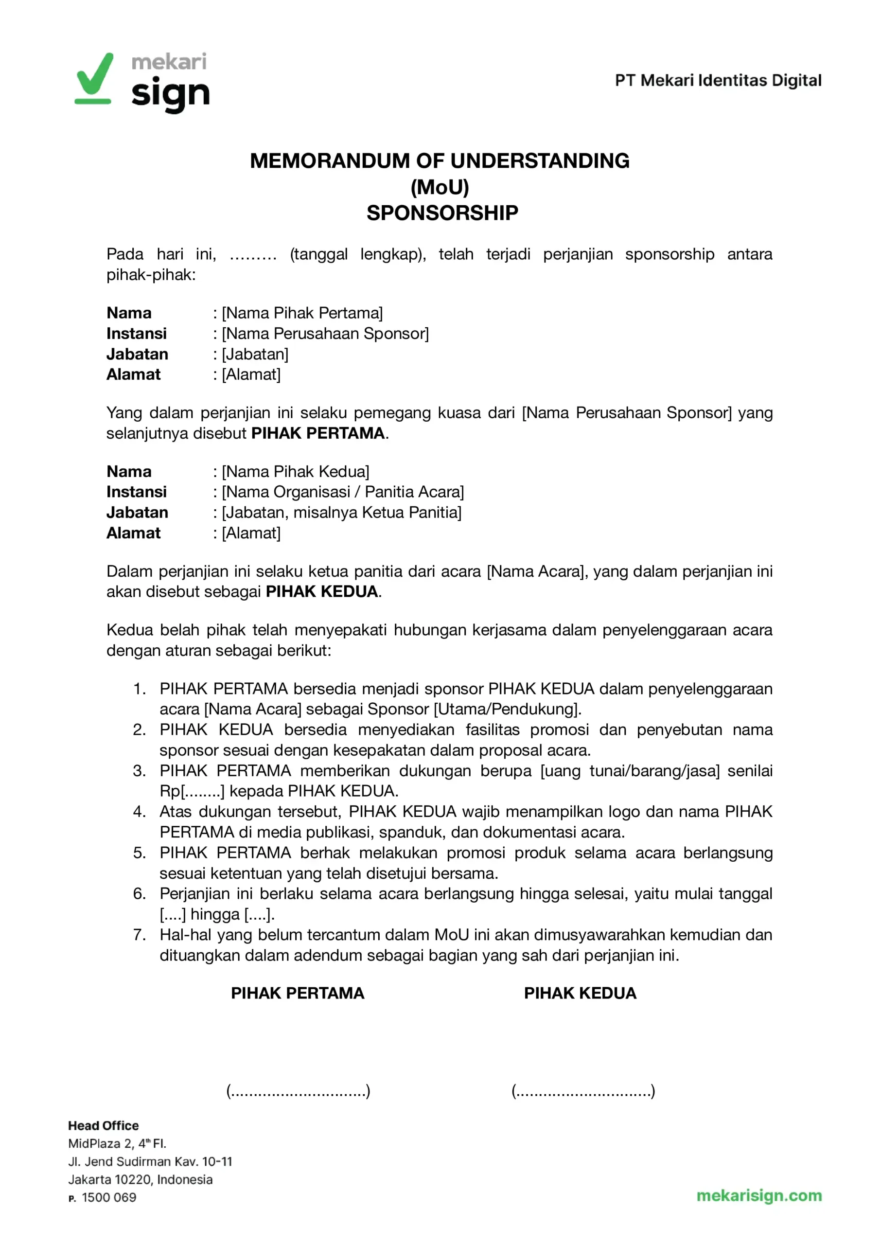 Contoh MoU Sponsorship - Mekari Sign
