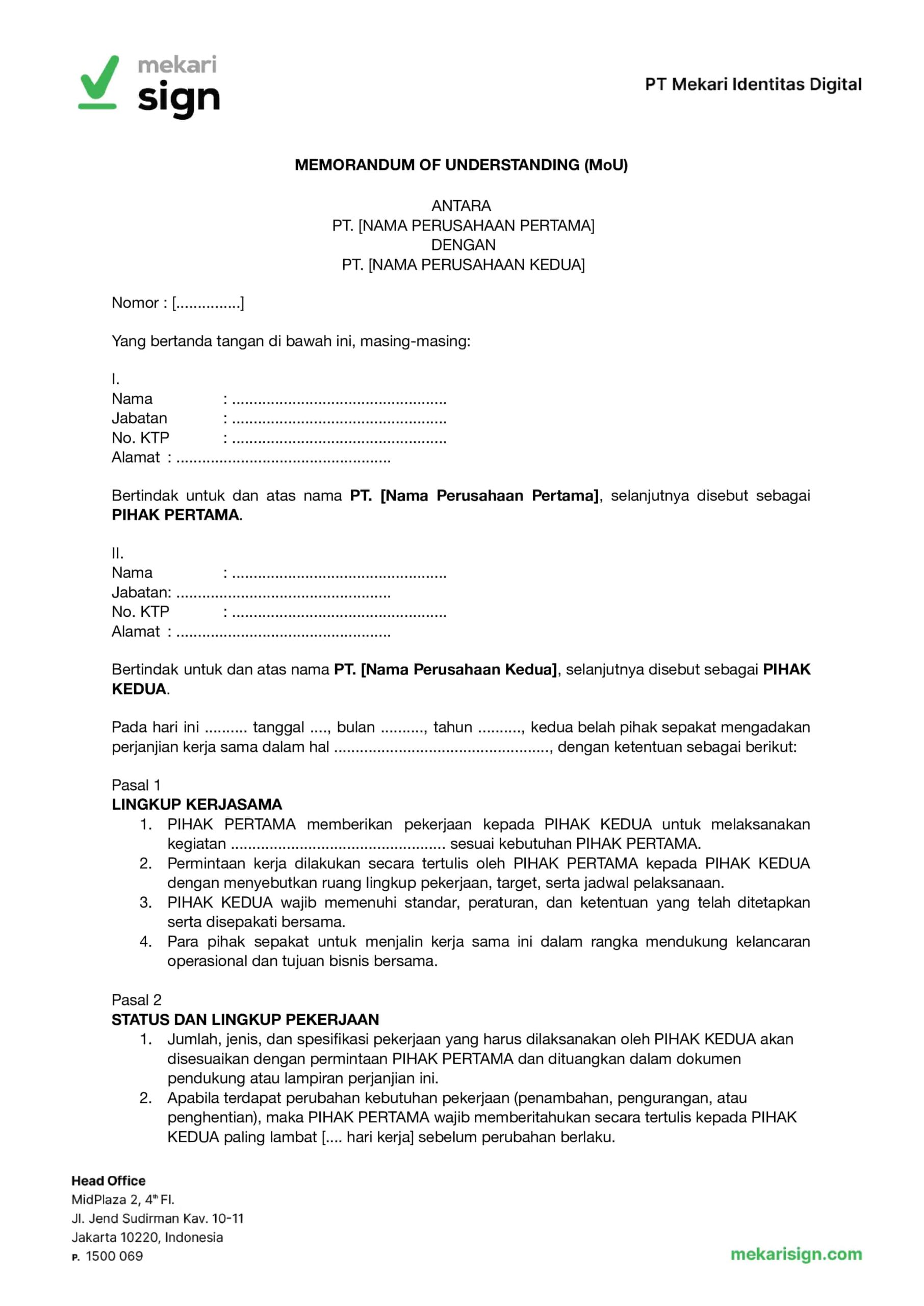 Contoh MoU Kerjasama Perusahaan - Mekari Sign