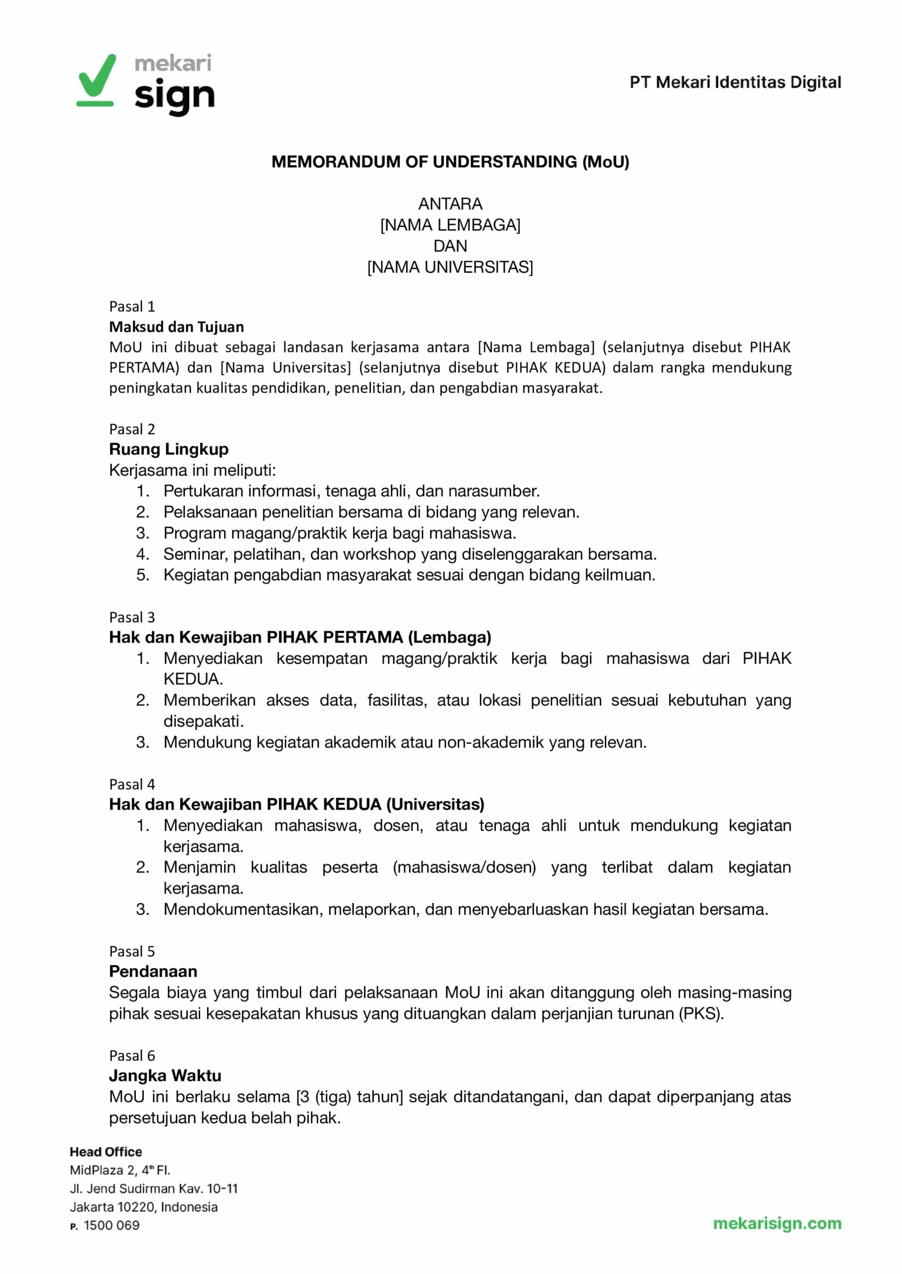 Contoh MoU Kerjasama dengan Lembaga Pendidikan - Mekari Sign