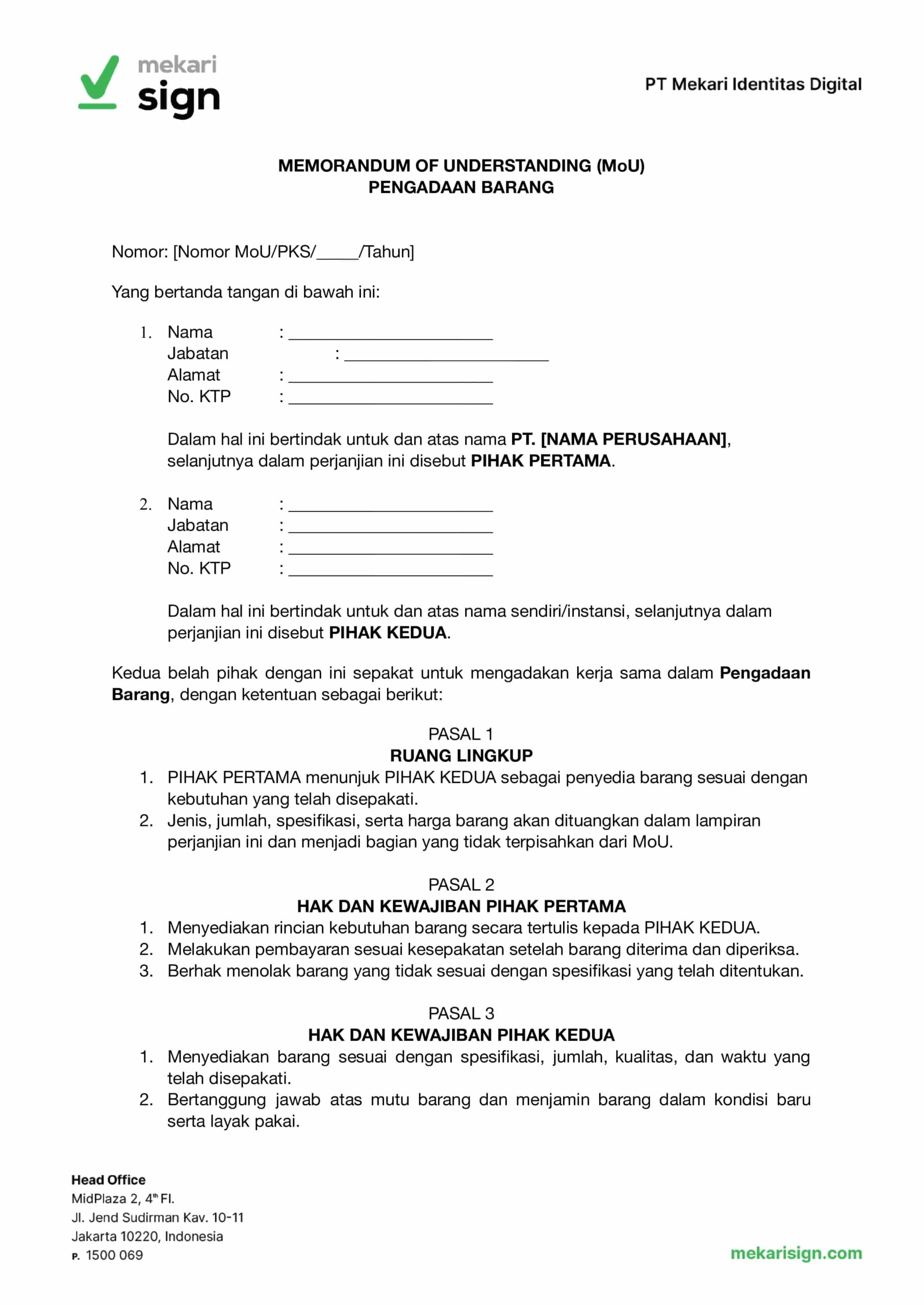 Contoh MoU Pengadaan Barang - Mekari Sign