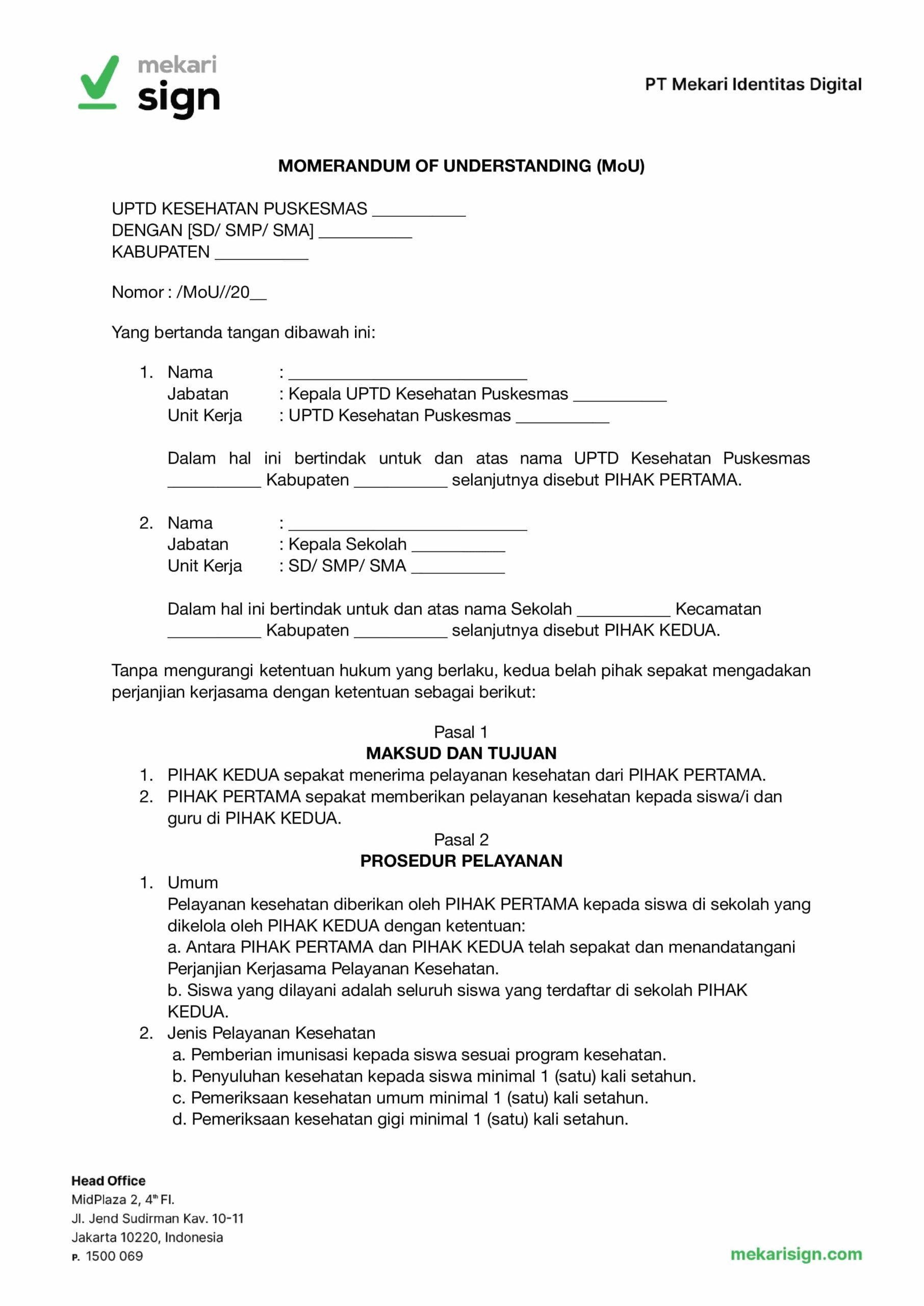 Contoh MoU Sekolah dengan Puskesmas - Mekari Sign