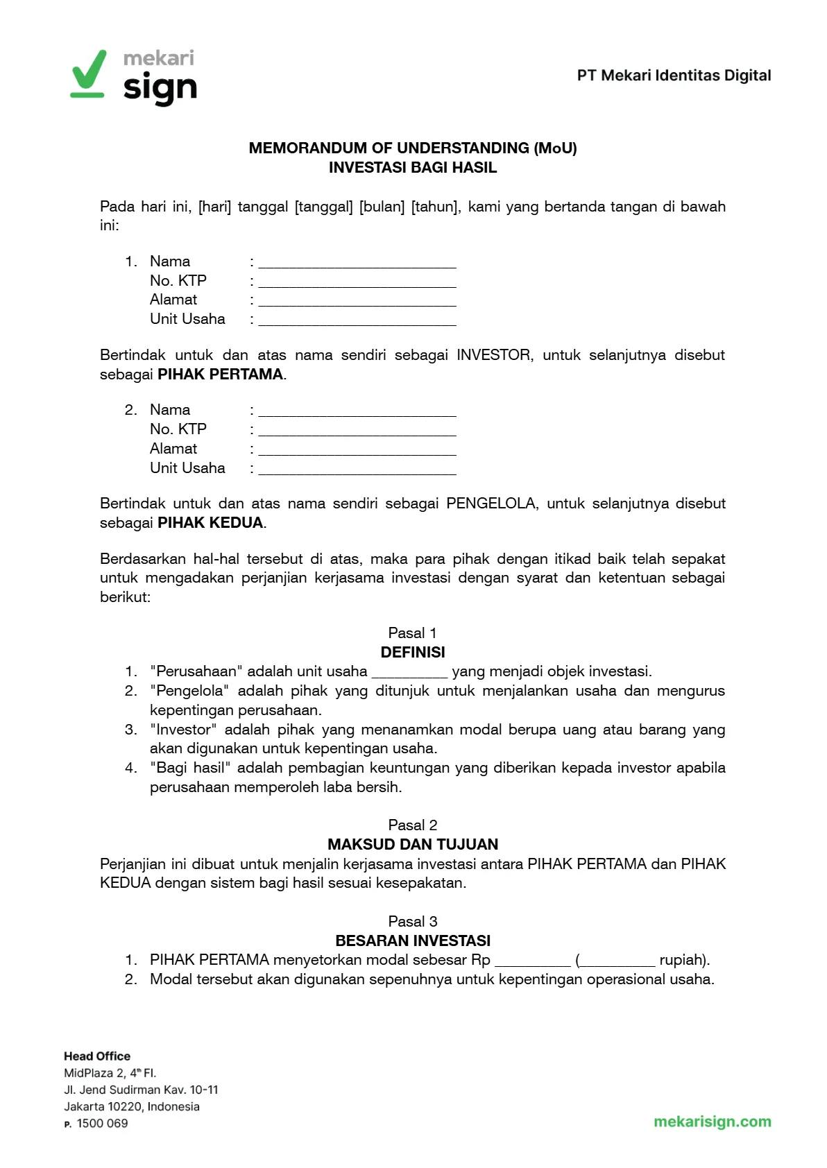 MoU Investasi Bagi Hasil - Mekari Sign