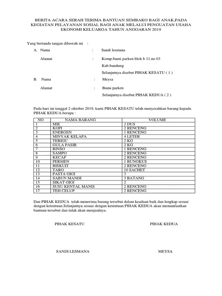 Contoh Berita Acara Serah Terima Bantuan