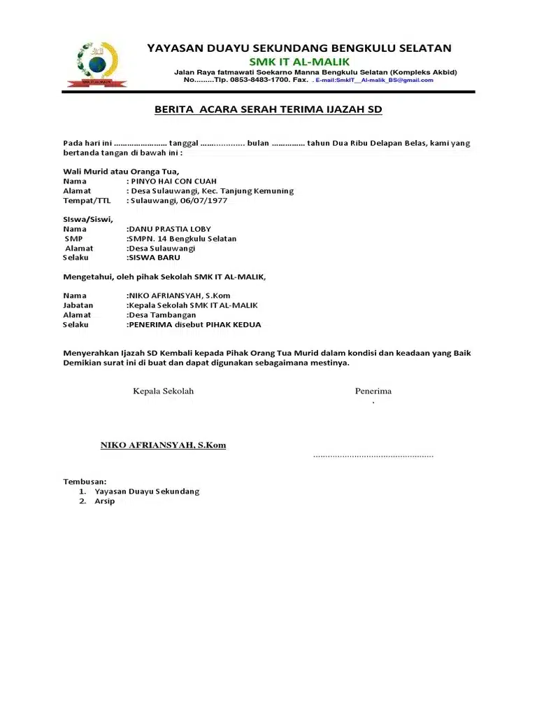 Contoh Berita Acara Serah Terima Ijazah